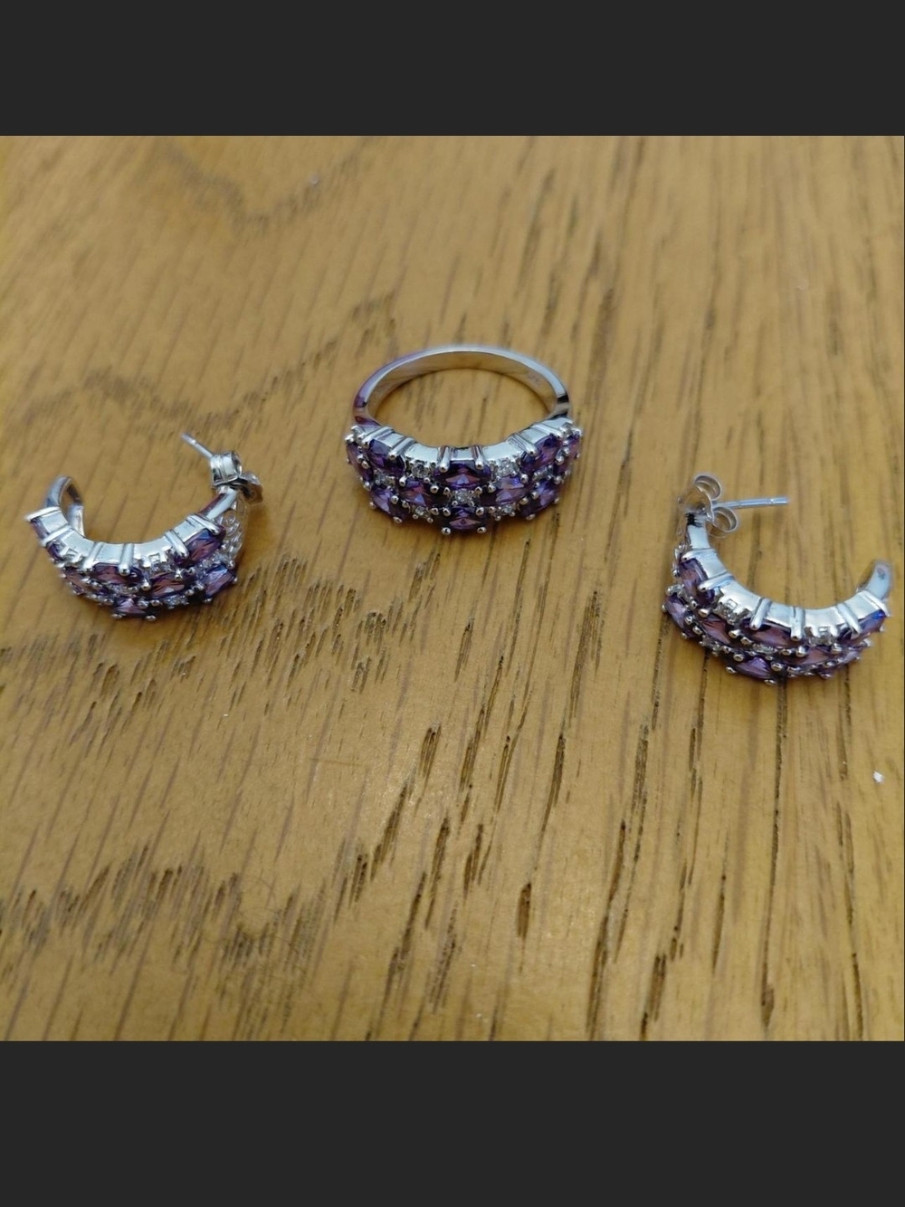 Silver Ring and Hoop Earrings with Purple Crystals